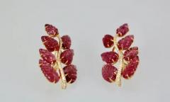 Rubellite Carved Leaf Earrings 17 5 Carats 14K - 3455299