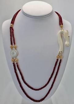 Ruby Bead Necklace w Jade Bone Diamonds 18K Yellow Gold - 3455225
