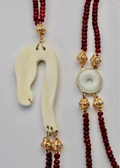 Ruby Bead Necklace w Jade Bone Diamonds 18K Yellow Gold - 3455235