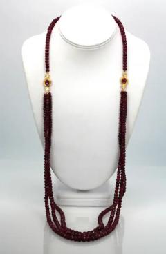 Ruby Triple Strand Bead Necklace with Faceted Ruby and Diamond Stations 18k - 3458950