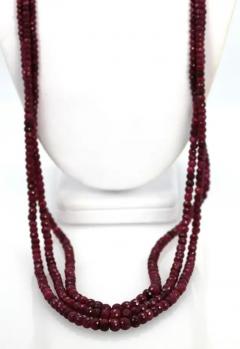 Ruby Triple Strand Bead Necklace with Faceted Ruby and Diamond Stations 18k - 3458955