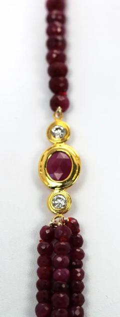 Ruby Triple Strand Bead Necklace with Faceted Ruby and Diamond Stations 18k - 3458957