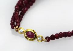 Ruby Triple Strand Bead Necklace with Faceted Ruby and Diamond Stations 18k - 3459057