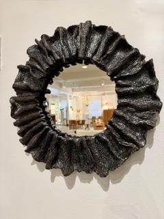 Ruffled and textured decorative mirror in a black iron glaze Made By Aram C  - 4409661