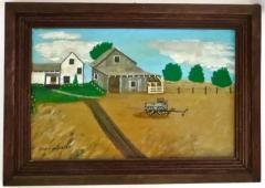 Rural Country Setting Folk Art Painting Oil on Masonite by John Moulton C 1938 - 3158326