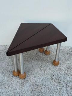 Russel Wright Pair Triangular Tables Spun Aluminum Legs Blonde Mahogany Ball Feet - 1243656