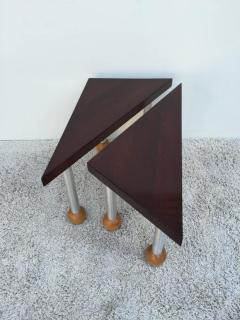 Russel Wright Pair Triangular Tables Spun Aluminum Legs Blonde Mahogany Ball Feet - 1243657