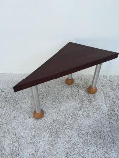 Russel Wright Pair Triangular Tables Spun Aluminum Legs Blonde Mahogany Ball Feet - 1243660