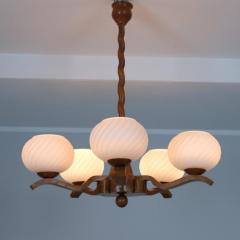 Rustic 5 Arm Pendant in Birch Curly Birch and Glass Finland 1940s - 4551455