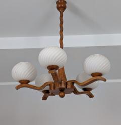 Rustic 5 Arm Pendant in Birch Curly Birch and Glass Finland 1940s - 4551456