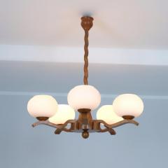 Rustic 5 Arm Pendant in Birch Curly Birch and Glass Finland 1940s - 4551457