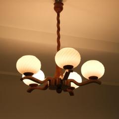 Rustic 5 Arm Pendant in Birch Curly Birch and Glass Finland 1940s - 4551459