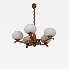 Rustic 5 Arm Pendant in Birch Curly Birch and Glass Finland 1940s - 4553546