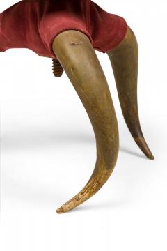 Rustic American Victorian Three Legged Horn and Burgundy Suede Footstool - 4671056
