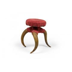 Rustic American Victorian Three Legged Horn and Burgundy Suede Footstool - 4735057