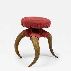 Rustic American Victorian Three Legged Horn and Burgundy Suede Footstool - 4735118