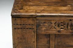 Rustic Art Populaire Carved Wooden Chest France 19th Century - 4758513
