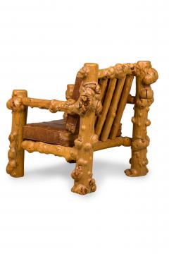 Rustic Blond Root Wood and Embossed Leather Throne Armchair - 4169093