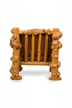 Rustic Blond Root Wood and Embossed Leather Throne Armchair - 4169095