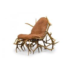 Rustic Continental Antler and Mauve Pink Suede Arm Chair - 4693656