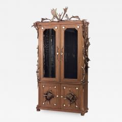 Rustic Continental German Oak and Horn Trimmed 4 Door Bookcase Cabinet - 645045