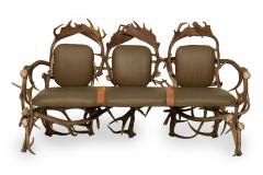 Rustic Continental Style Green Leather and Faux Antler Three Seat Settee - 2800844