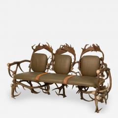 Rustic Continental Style Green Leather and Faux Antler Three Seat Settee - 2802056
