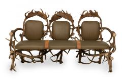 Rustic Continental Style Green Leather and Faux Antler Three Seat Settee - 4631766
