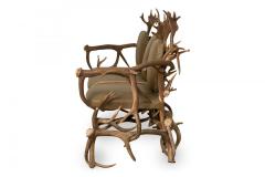 Rustic Continental Style Green Leather and Faux Antler Three Seat Settee - 4631767