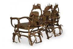 Rustic Continental Style Green Leather and Faux Antler Three Seat Settee - 4631768
