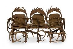 Rustic Continental Style Green Leather and Faux Antler Three Seat Settee - 4631769
