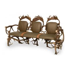Rustic Continental Style Green Leather and Faux Antler Three Seat Settee - 4649654