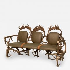 Rustic Continental Style Green Leather and Faux Antler Three Seat Settee - 4649655