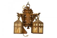 Rustic English Arts and Crafts Style Copper and Slag Glass Chandelier - 4170096