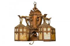 Rustic English Arts and Crafts Style Copper and Slag Glass Chandelier - 4170097