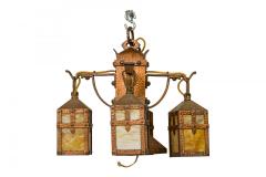 Rustic English Arts and Crafts Style Copper and Slag Glass Chandelier - 4170098