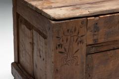 Rustic Folk Art Wood Chest with Carved Motifs 19th Century - 4743762