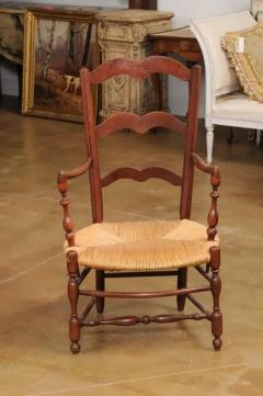 Rustic French 19th Century Walnut Armchairs with Rush Seats Sold Individually - 3547424