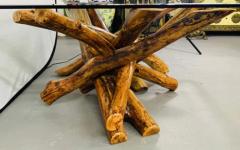 Rustic Organic Design Maple Log Wood Coffee or Cocktail Table With Glass Top - 2866094