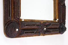 Rustic Tramp Art Mirror 20th Century Handcarved Notch Cut AT Dated 1905 - 3929321