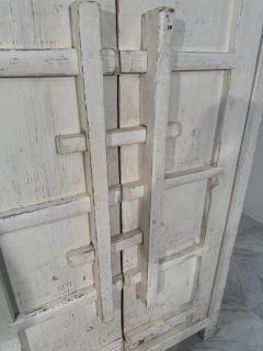 Rustic Whitewashed Wooden Armoire with Geometric Relief Doors - 4300933