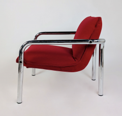 SET OF 4 ITALIAN ARMCHAIRS IN CHROME PLATED METAL AND RED FABRIC 1970  - 4335366