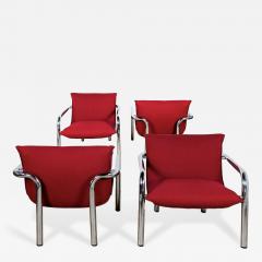 SET OF 4 ITALIAN ARMCHAIRS IN CHROME PLATED METAL AND RED FABRIC 1970  - 4335473