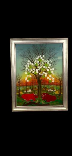 SIGNED BEAUTIFUL RED BULLS IN FLOWERING TREE LANDSCAPE REVERSE PAINTING ON GLASS - 4474548