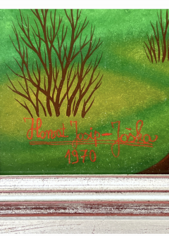 SIGNED BEAUTIFUL RED BULLS IN FLOWERING TREE LANDSCAPE REVERSE PAINTING ON GLASS - 4474589