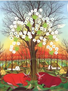 SIGNED BEAUTIFUL RED BULLS IN FLOWERING TREE LANDSCAPE REVERSE PAINTING ON GLASS - 4474596