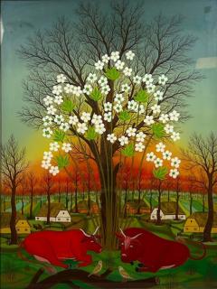 SIGNED BEAUTIFUL RED BULLS IN FLOWERING TREE LANDSCAPE REVERSE PAINTING ON GLASS - 4475655