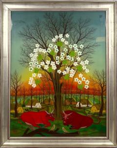 SIGNED BEAUTIFUL RED BULLS IN FLOWERING TREE LANDSCAPE REVERSE PAINTING ON GLASS - 4475656