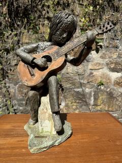 SIGNED BRUTALIST MIXED METALS WOMAN PLAYING GUITAR SCULPTURE - 4335249