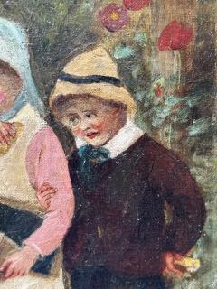 SIGNED CHARMING 19TH CENTURY CHILDREN FEEDING GEESE OIL PAINTING ORIGINAL FRAME - 4738988